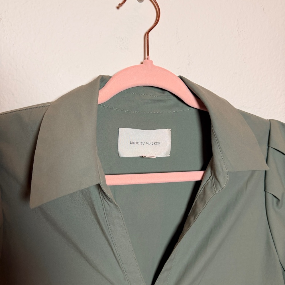 Brochu Walker Olive Green Wool Dress L Button Pockets Quiet Luxury Minimimalist - Picture 8 of 15
